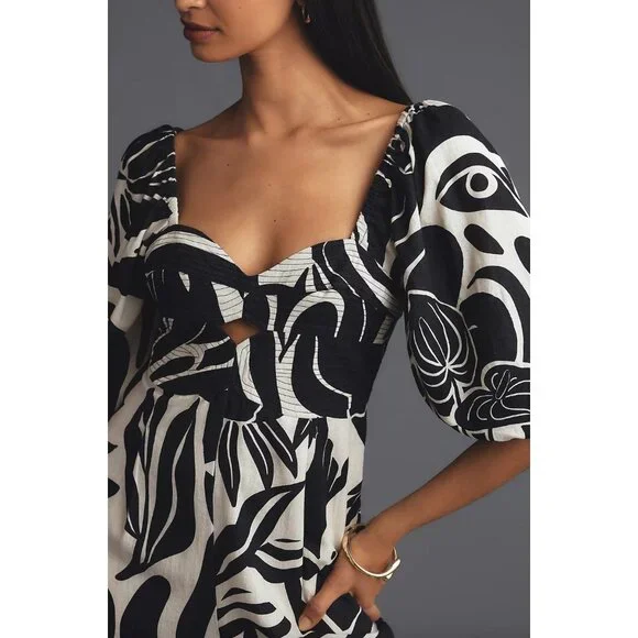 Anthropologie Farm Rio Puff-Sleeve Printed Linen Jumpsuit Size Small
